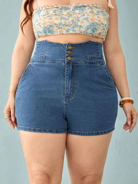 

plus slant pocket button front denim shorts 51ri#, White;black