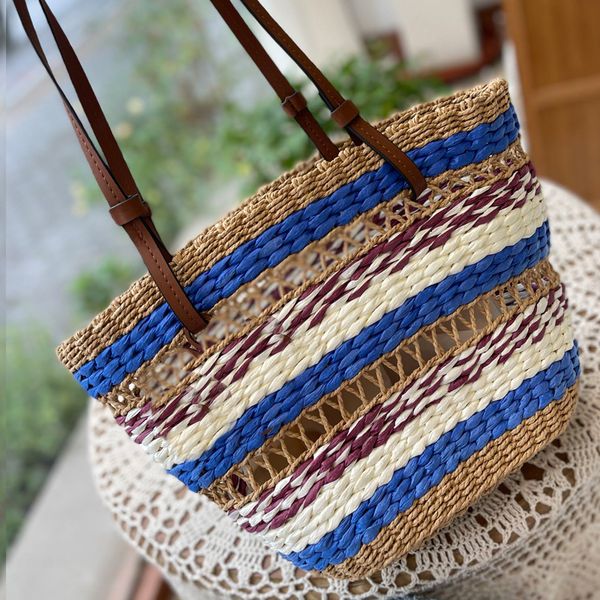 

splicing lafite grass woven vegetable basket totes shoulder bag large capacity hollow out shopping bag hand knitting artwork stripes purse