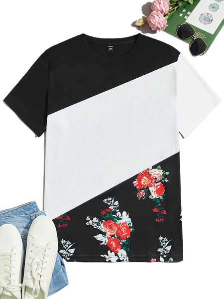

extended sizes men floral print color block tee y97p#, White;black