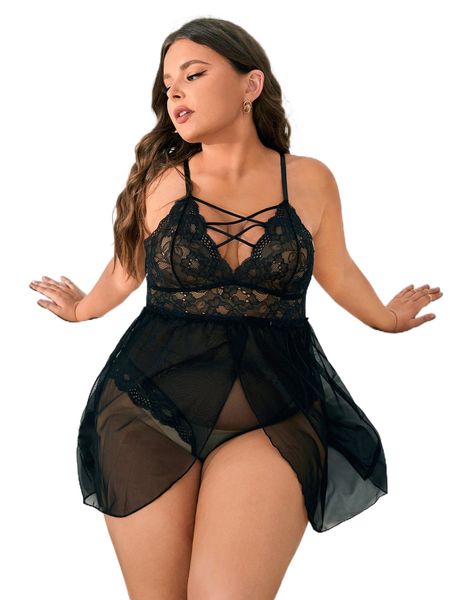 

plus contrast lace cross mesh bodysuit u5rg#, Black;white