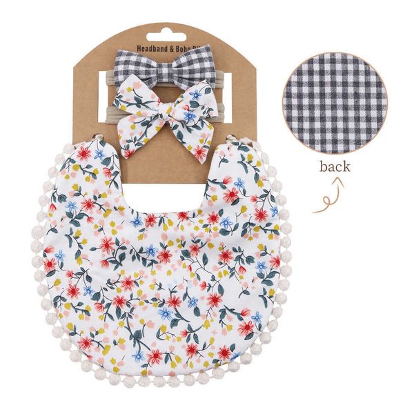 

bib double-faced bibs grid printing baby cloth cotton flax bow headband hair accessories infant set 3 pieces kids gift sets