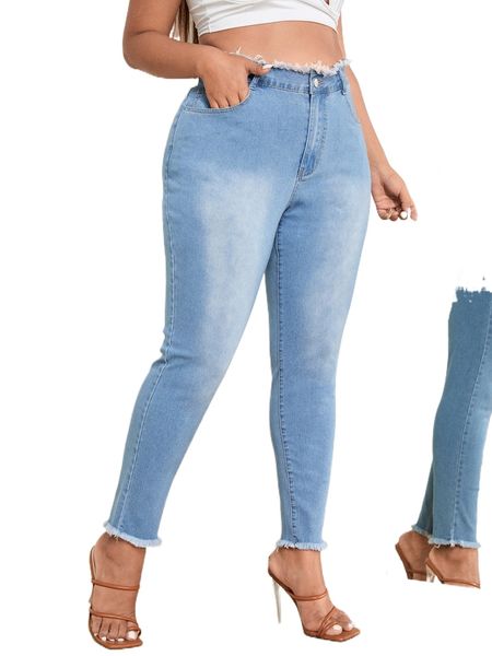 

plus high waist raw trim skinny jeans o3do#, Blue