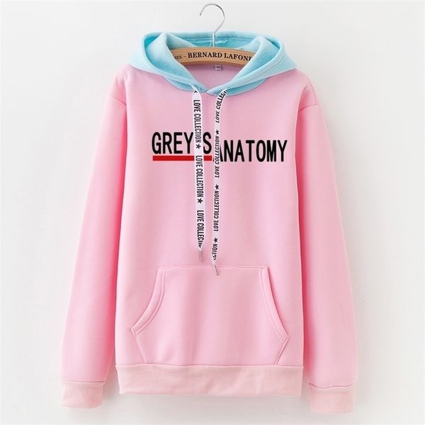 

new women's stitching winter fleece hoodies pocket sweatshirt letters greys anatomy loose korean version y200706, Black