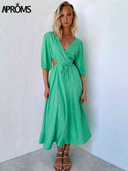 

aproms elegant deep v-neck green cotton midi dress women summer 2022 half sleeve drawstring waist cut-out holiday dresses female y220413, Black;gray