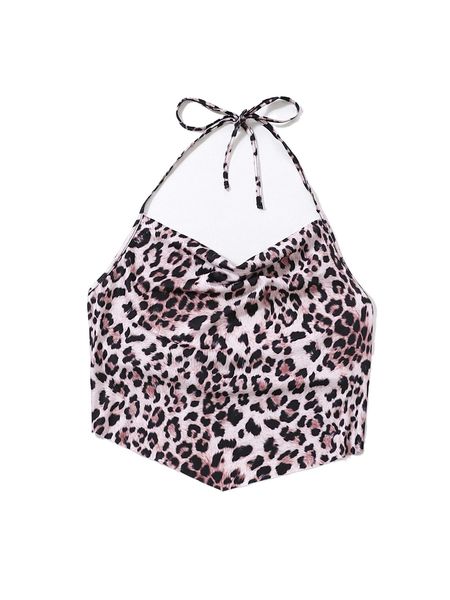 

leopard print tie back hanky hem halter o2z7#, White