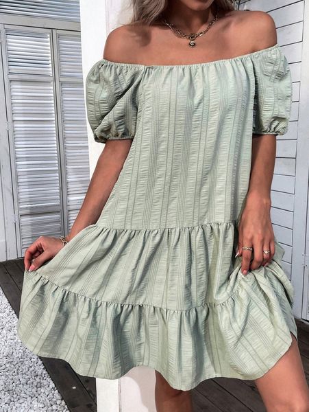 

puff sleeve ruffle hem smock dress m7oc#, Black;gray