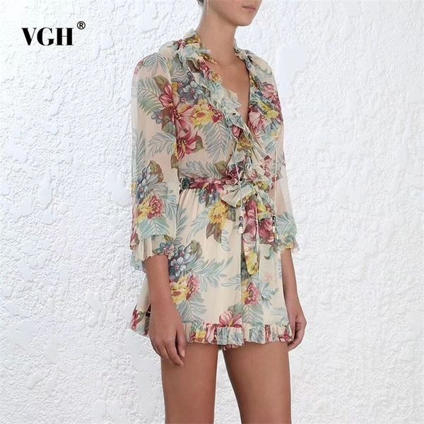 

vgh casual loose playsuit for women v neck long flare sleeve high waist 2020 summer print ruffles playsuits female fashion new t200704, Black;white