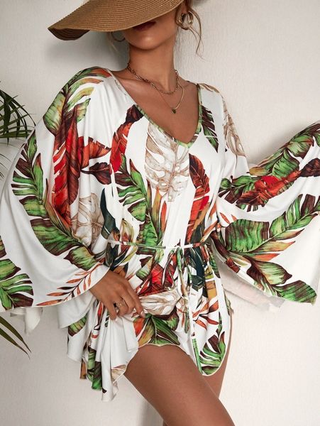 

sxy tropical print batwing sleeve belted dress s0rb#, Black;gray