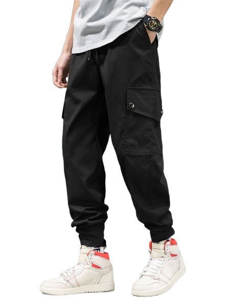 

men flap pocket side drawstring waist cargo pants p5q6#, Black