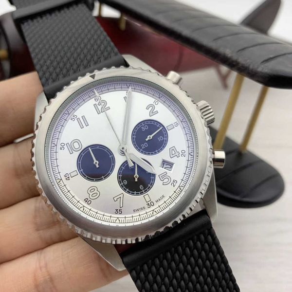 

good quality luxury ocean quartz chronograph mens watches 46mm silver case silver dial luminous men wristwatches sport black rubber band, Slivery;brown