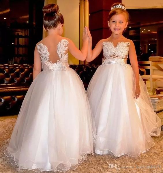 Neue Prinzessin Blumenmädchenkleider für Hochzeiten V-Ausschnitt Spitze Applikationen Perlen Tüll bodenlangen Geburtstag Kinder Mädchen Pageant Kleider