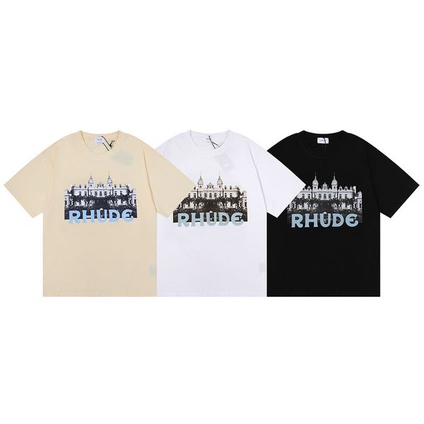 

expensive rhude men's t-shirts new year's castle hd printed men's and women's couples short sleeves versatile polo shirt, White;black
