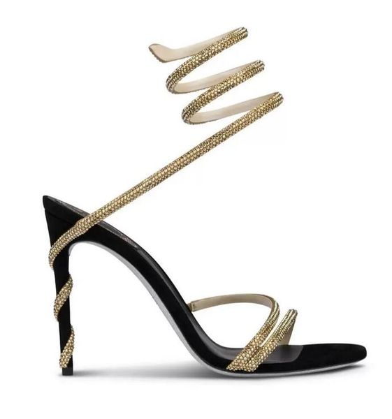 

rene women high heeled caovilla sandals designer crystal diamond luxury brand multi-strap ankle wrap sandals 35-40, Black