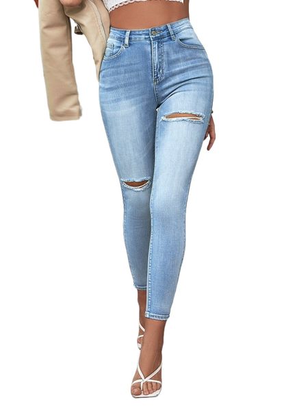 

high waist bleach wash ripped skinny jeans n5rw#, Blue