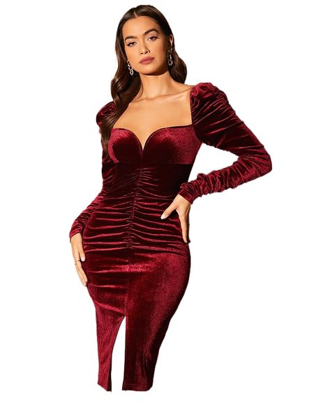 

sweetheart neck ruched puff sleeve split hem velvet bodycon dress 63i2#, Black;gray