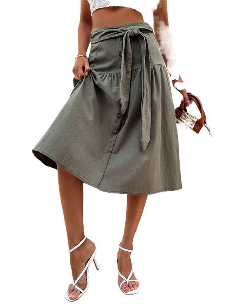 

button front ruffle hem skirt x2eh#, Black