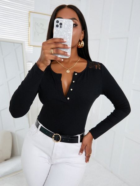 

lace insert half button tee g194#, White
