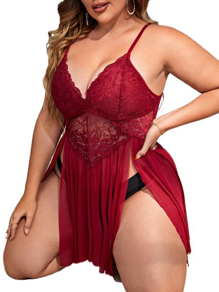 

plus mesh contrast lace slit hem slips without liner 23qa#, Black;white