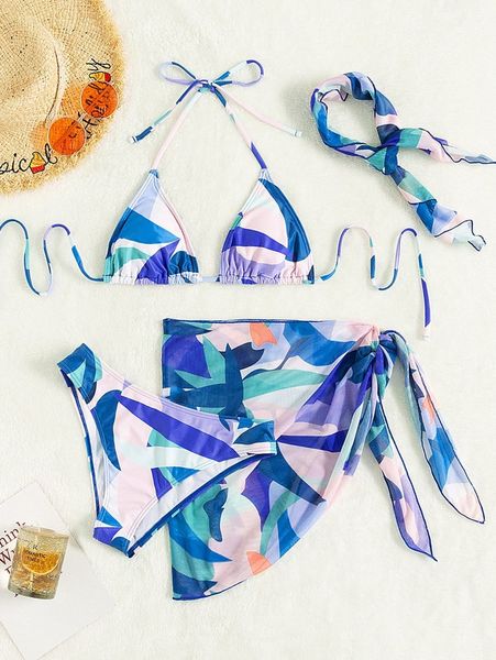 

4pack color block triangle bikini swimsuit & beach skirt t45q#, White;black