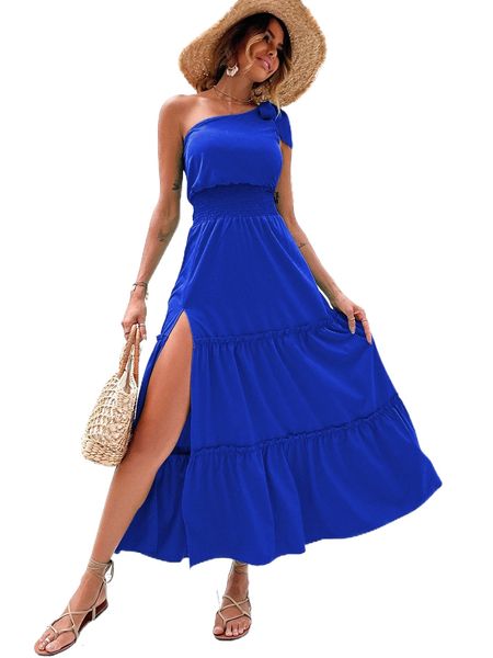 

tie one shoulder shirred frill trim split thigh dress 72fp#, Black;gray