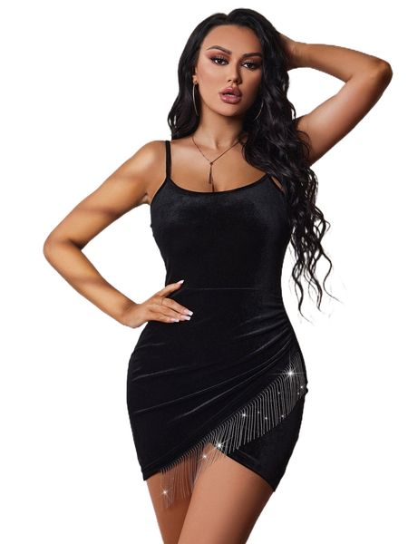 

sxy fringe trim wrap hem velvet cami bodycon dress z72w#, Black;gray