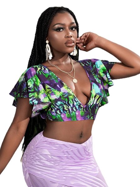 

allover print tie backless deep v neck blouse f13a#, White