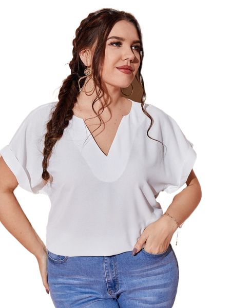 

plus solid batwing sleeve notch neck blouse 18l6#, Black