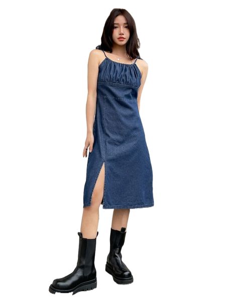 

dazy tie shoulder ruched bust slit hem denim dress w5wi#, Black;gray