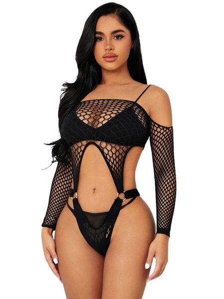 

ring linked fishnet teddy bodysuit without lingerie w67o#, Black;red