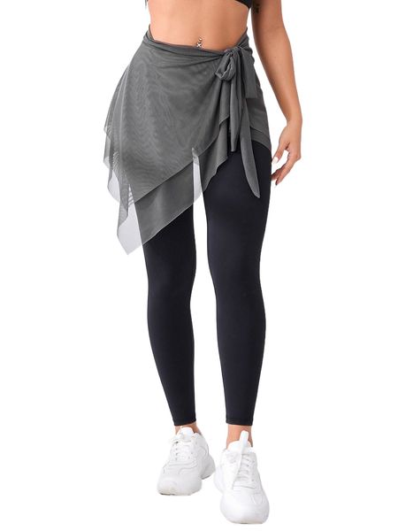 

asymmetrical layered hem knot side sports skirt without leggings k0pw#, Gray