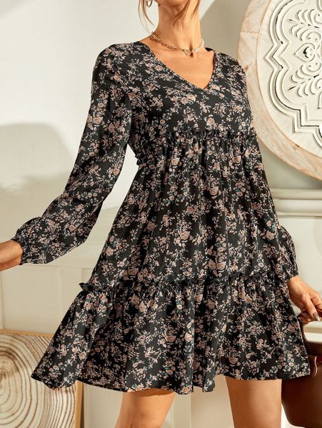 

floral print frill trim lantern sleeve dress b9nd#, Black;gray