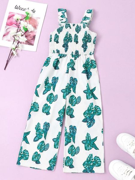 

toddler girls tropical print shirred ruffle trim jumpsuit she, Blue