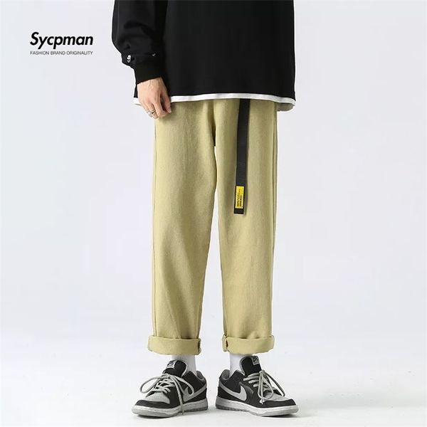 Мужские брюки пояснят модная прямая трубка мужская брюка студент -бренд длинная японская уличная одежда Harajuku Cotton Four Seasons 220826