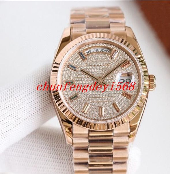 EW Factory Unisex Hot Sell relógios 36 mm 128235 Day Date President Rose Gold Gypsophila Diamond Automatic ETA2836 Movement watche Cristal de safira à prova d'água