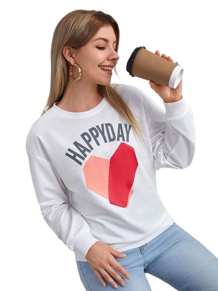 

heart & letter graphic drop shoulder pullover p955#, Black