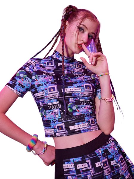 

romwe anime allover print crop tee q2jq#, White