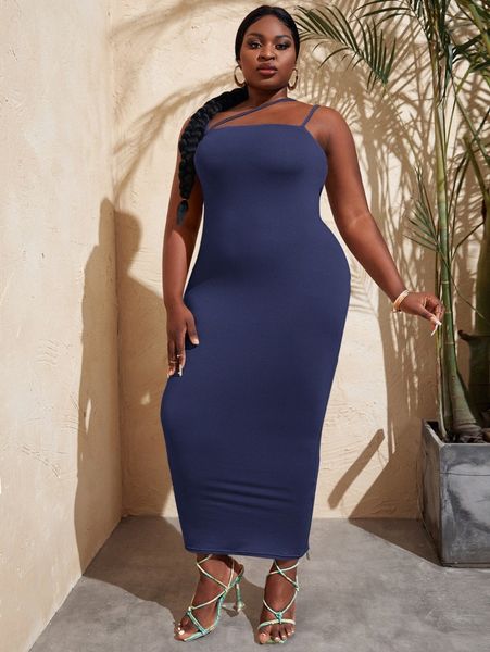 

sxy plus asymmetrical shoulder bodycon dress l4cp#, Black