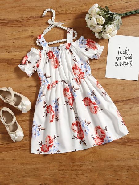 

toddler girls floral print cold shoulder puff sleeve dress she, Red;yellow