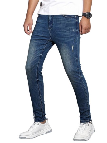 

men ripped frayed skinny jeans w1w7#, Blue