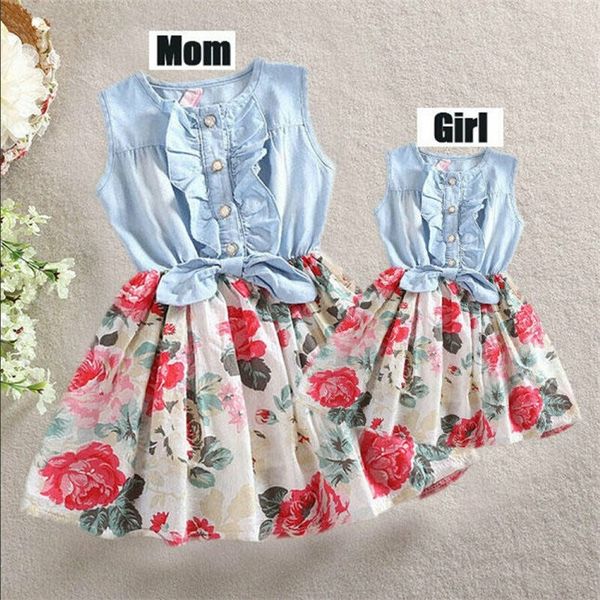

mother daughter matching clothes sleeveless floral patchwork sundress mom kids parent dress outfits 220531, Blue