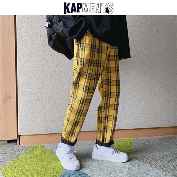 KAPMENTS STREETHEAW Amarelo calças xadrez de homens jogadores homem casual calças harém reta Homens homens coreanos calças de hip hop plus size 201128