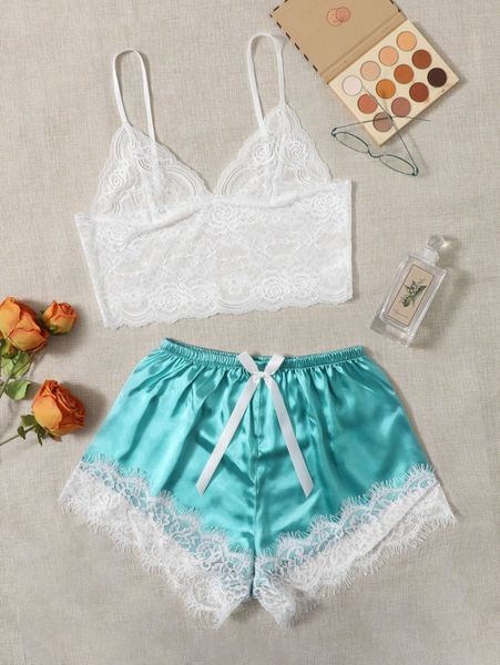 

guipure lace scallop trim camisole & satin shorts night set u738#, Black;red