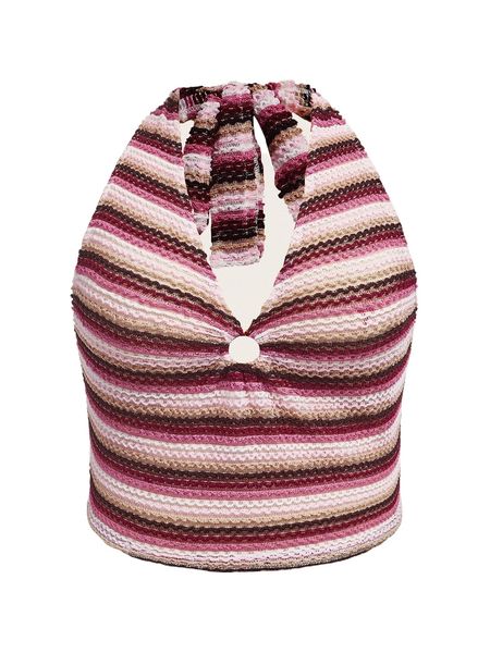 

plus block striped o-ring tie backless halter d1p8#, Black