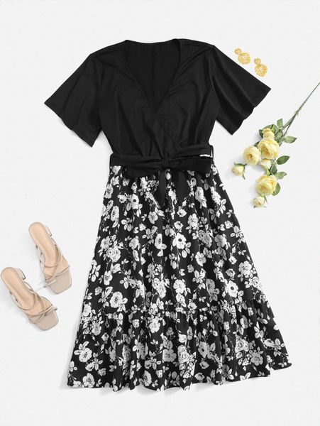 

plus 1pc floral print overlap collar ruffle hem belted dress n0yl#, Black