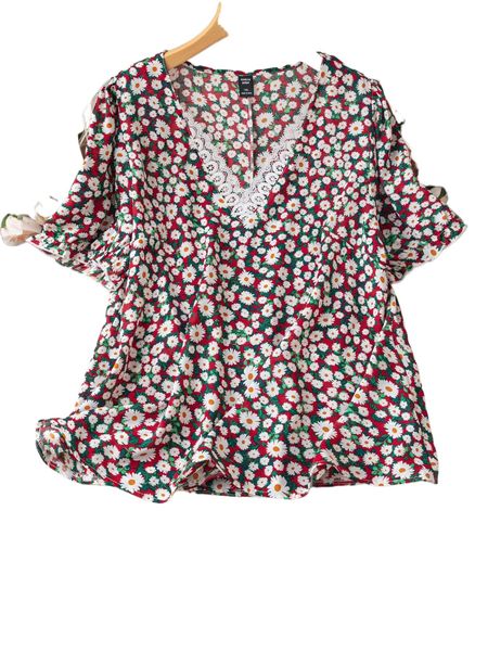 

plus ditsy floral contrast lace blouse i8z7#, Black