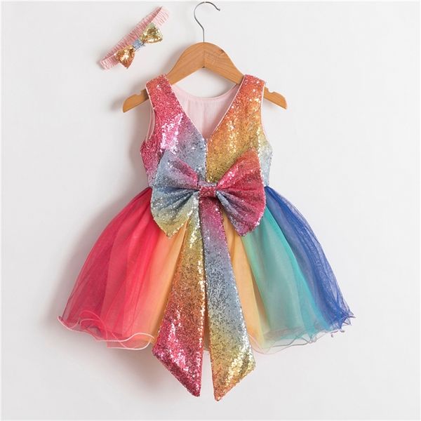 1–5 Jahre altes Baby-Mädchen-Kleid, Regenbogen-Farbverlauf, Prinzessin, ärmellos, Sommerparty, süßes Geburtstagskostüm 220422