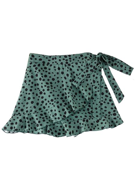 

plus dalmatian print ruffle trim tie side wrap skirt q7cm#, Black