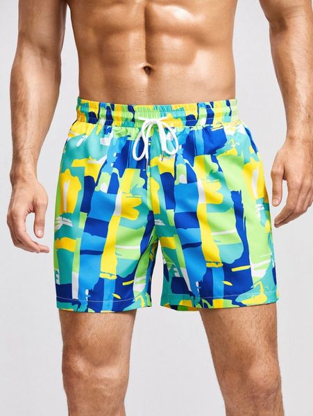 

men brush print drawstring waist shorts d63q#, White;black