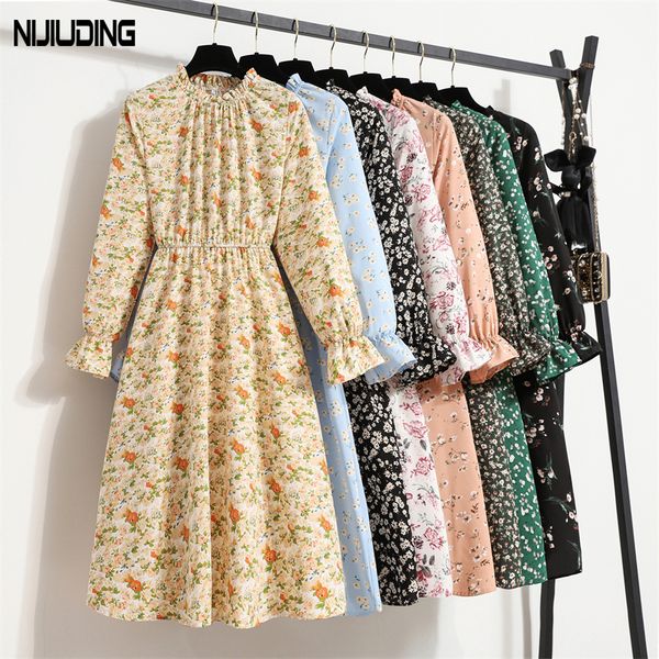 

women s chiffon dress female vintage floral printed long sleeve half turtleneck midi dresses spring summer flare vestidos 220721, Black;gray
