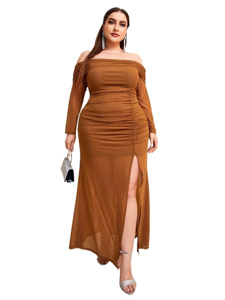 

plus off shoulder ruched split thigh mesh dress r04b#, Black